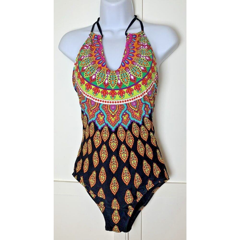 NEW! TRINA TURK Swimsuit One Piece Sz 10 Padded Gold Accents Paisley MSRP $154